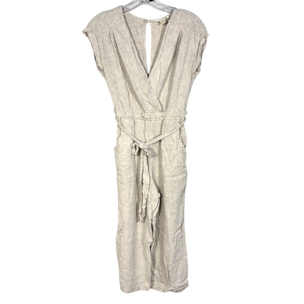 Monteau LA Women's Jumpsuit Romper Natural Beige Linen Blend Sleeveless V Neck S